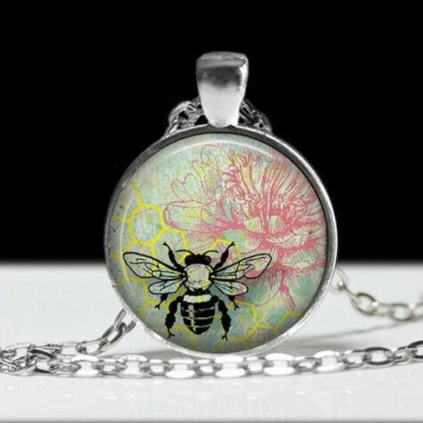 Bumble Bee Round Cabochon Glass Silver Tone Necklace-Necklace-SPARKLE ARMAND