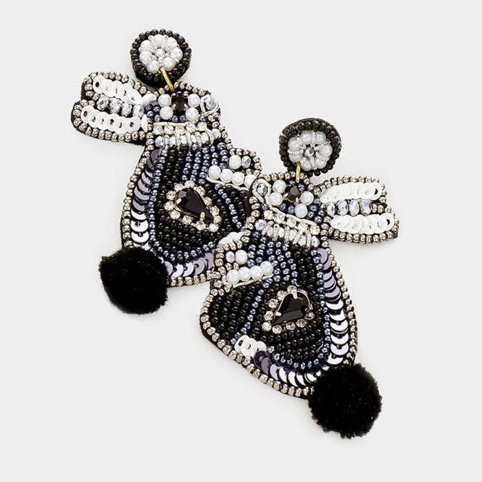 Bunny Pom Poms Black Seed Bead Earrings