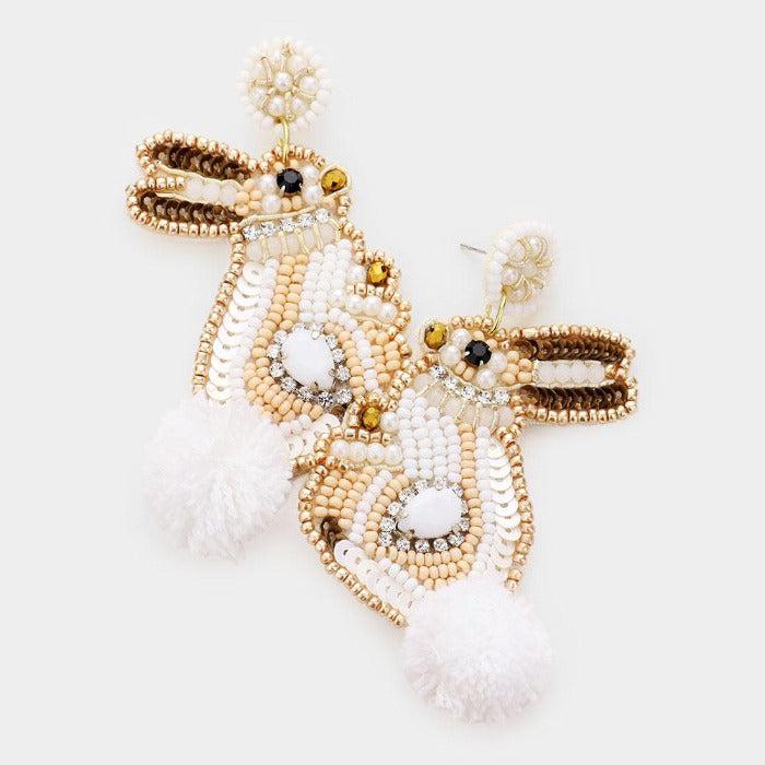 Bunny Pom Poms Seed Bead Beige Earrings-Earring-SPARKLE ARMAND