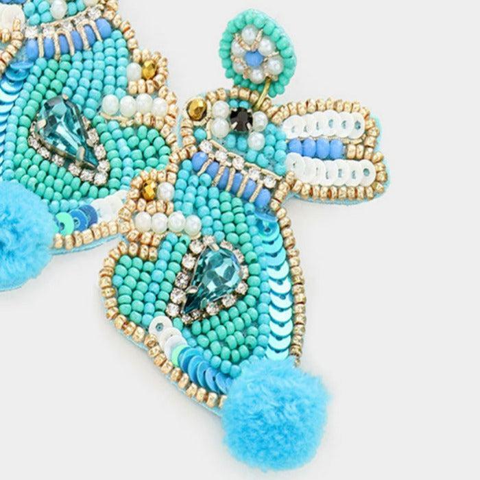 Bunny Pom Poms Seed Bead Turquoise Earrings