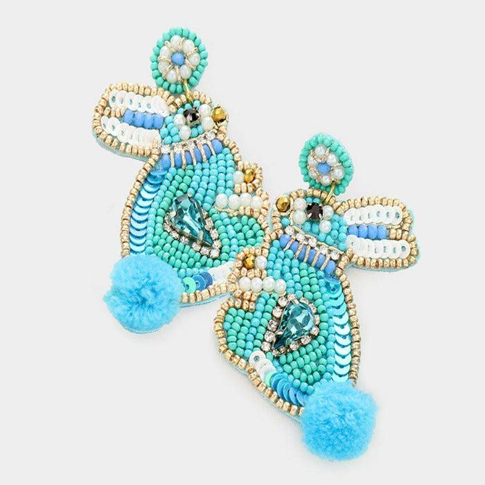Bunny Pom Poms Seed Bead Turquoise Earrings