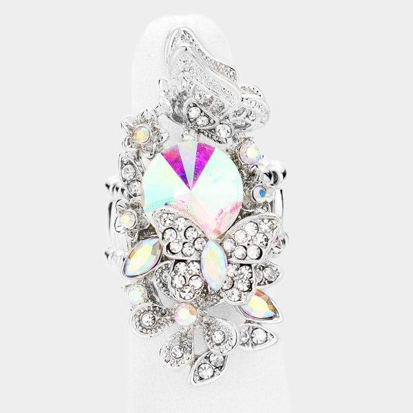 Butterfly Abalone Crystal Pave Floral Stretch Ring-Ring-SPARKLE ARMAND