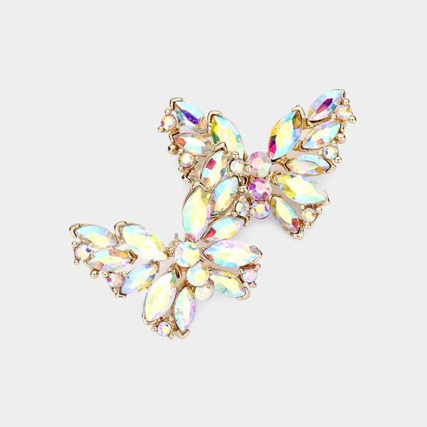 Butterfly Aurora Borealis Crystal Cluster Evening Earrings