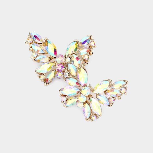 Butterfly Aurora Borealis Crystal Cluster Evening Earrings