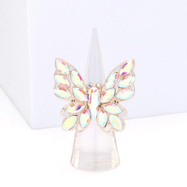 Butterfly Aurora Borealis Rhinestone Rose Gold Stretch Ring