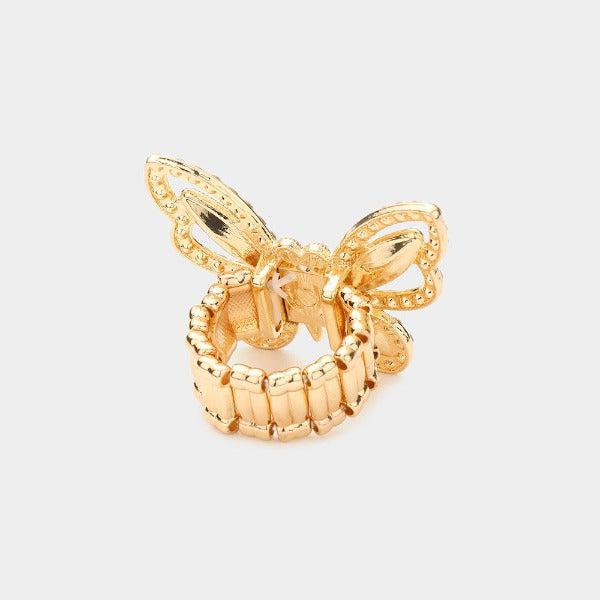 Butterfly Aurora Borealis Rhinestone Rose Gold Stretch Ring-Ring-SPARKLE ARMAND