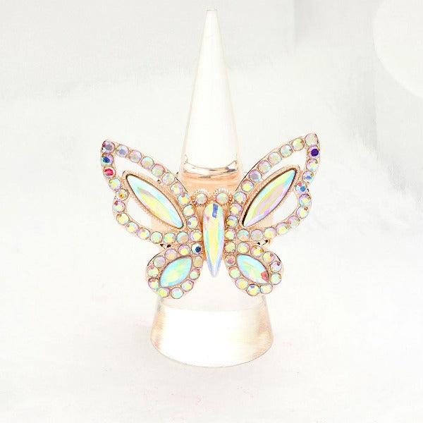 Butterfly Aurora Borealis Rhinestone Rose Gold Stretch Ring-Ring-SPARKLE ARMAND