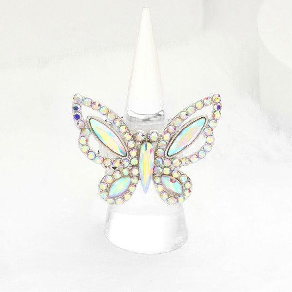 Butterfly Aurora Borealis Rhinestone Silver Stretch Ring-Ring-SPARKLE ARMAND