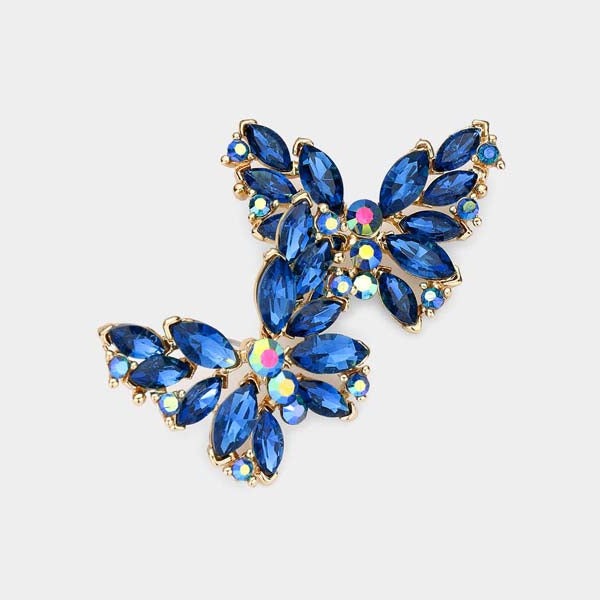 Butterfly Blue Crystal Cluster Gold Evening Earrings