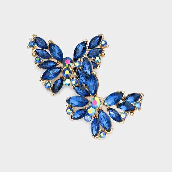 Butterfly Blue Crystal Cluster Gold Evening Earrings