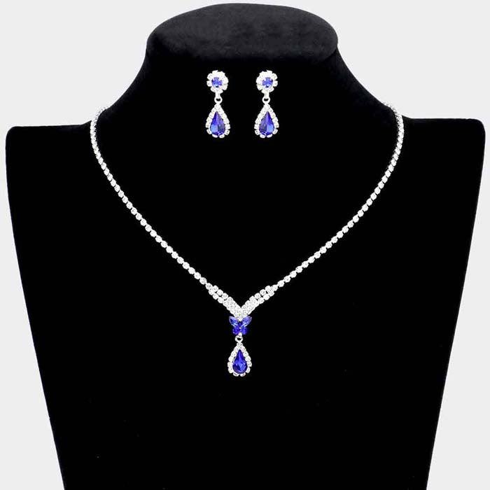 Butterfly Blue Rhinestone Silver Necklace Set