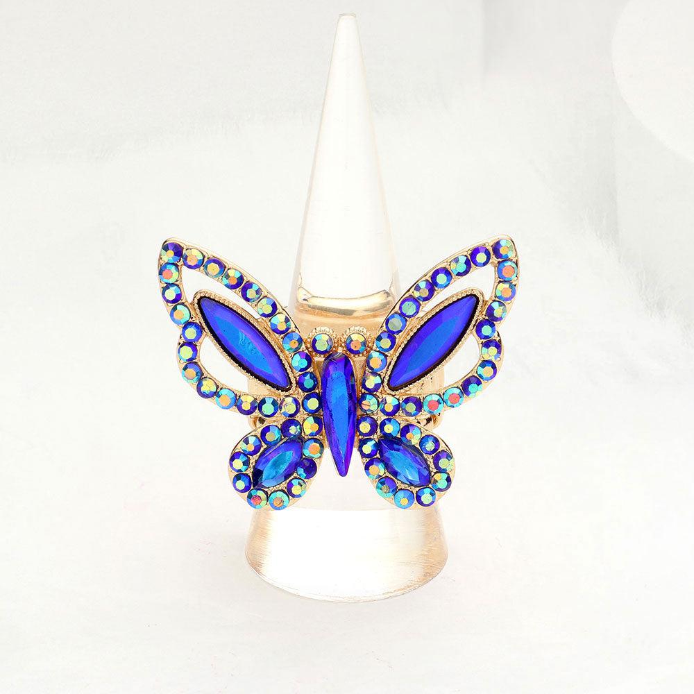 Butterfly Blue Stone Embellished Stretch Ring-Ring-SPARKLE ARMAND