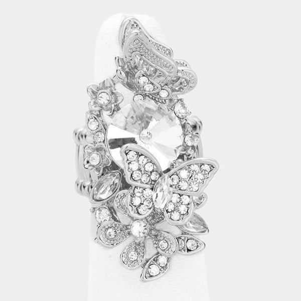 Butterfly Clear Crystal Pave Floral Stretch Ring-Ring-SPARKLE ARMAND