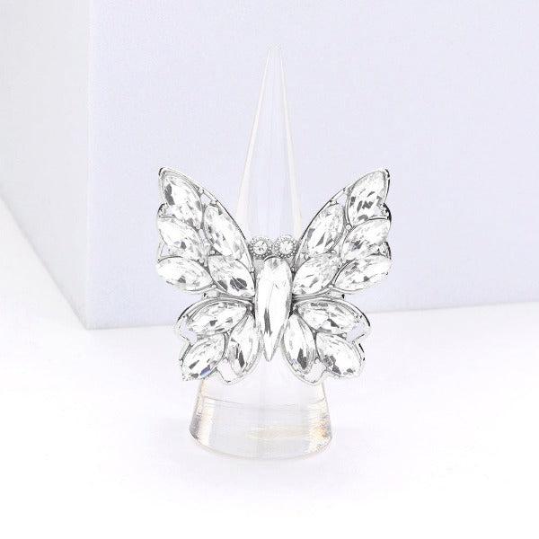 Butterfly Clear Marquise Rhinestone Silver Stretch Ring