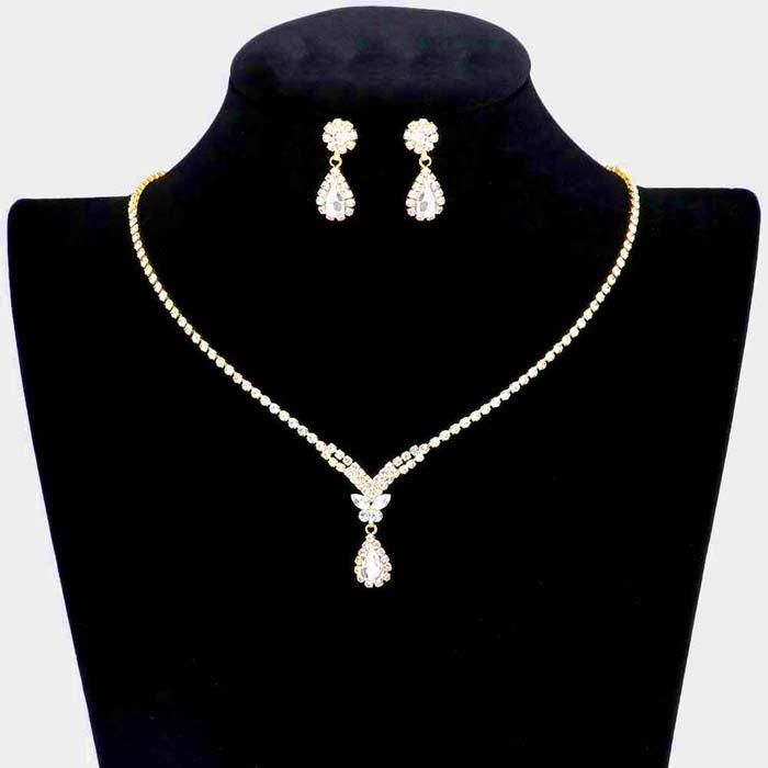 Marquise Stone Butterfly Accented Rhinestone Gold Necklace Set
