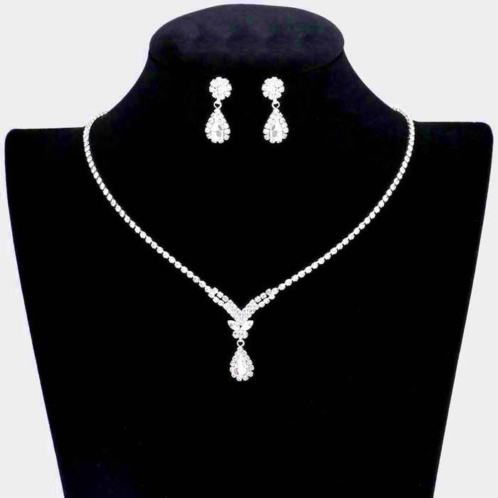 Butterfly Clear Rhinestone Silver Necklace Set