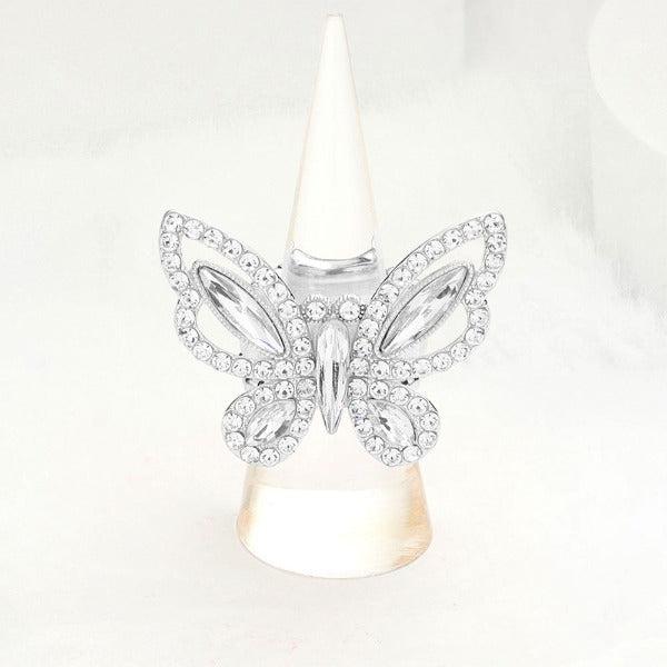 Butterfly Clear Rhinestone Silver Stretch Ring-Ring-SPARKLE ARMAND