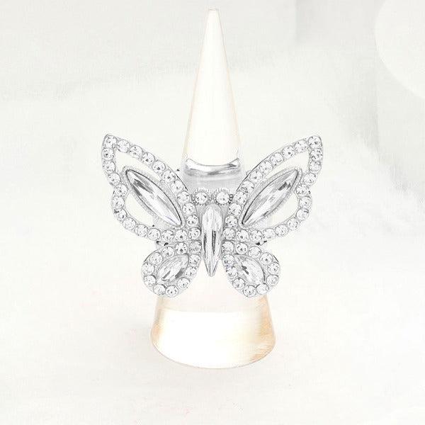 Butterfly Clear Rhinestone Silver Stretch Ring-Ring-SPARKLE ARMAND