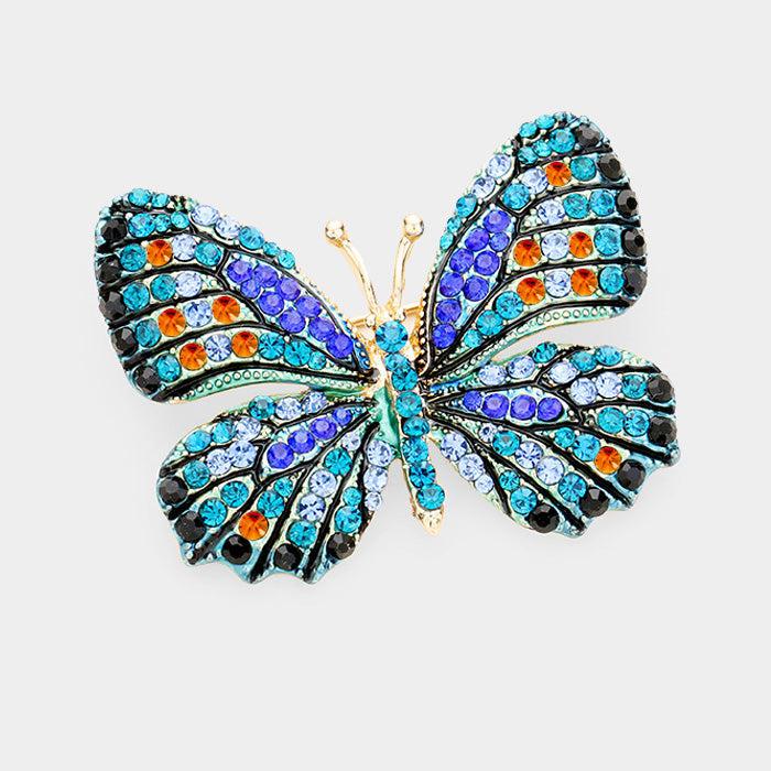 Butterfly Crystal Blue Rhinestone Accented Pin Brooch