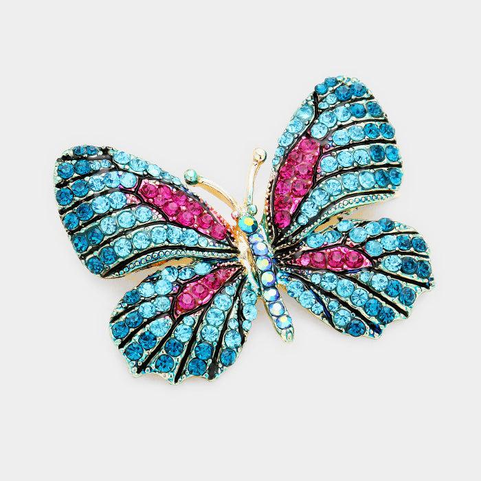 Butterfly Crystal Blue Rhinestone Accented Pin Brooch