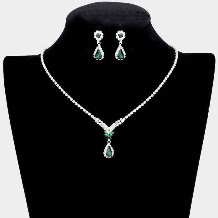 Butterfly Green Rhinestone Silver Necklace Set