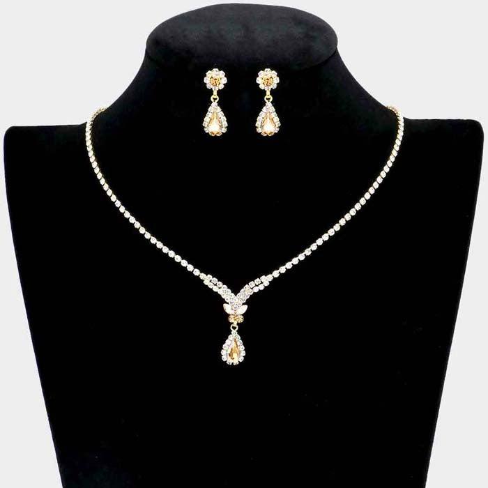 Butterfly Lt Colored Topaz Marquise Rhinestone Gold Necklace Set