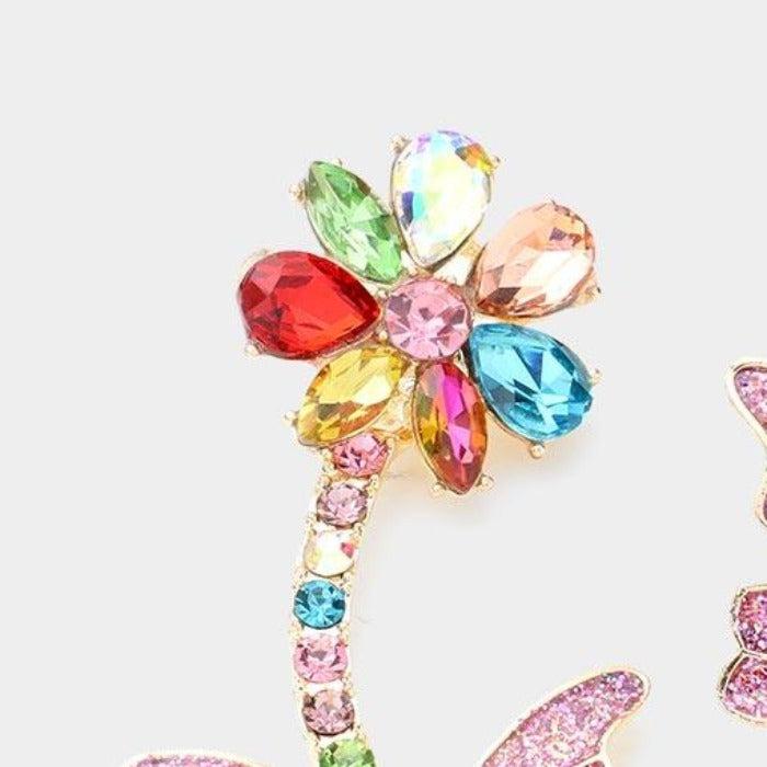 Butterfly Multi Color Flower Crystal Glitter Earrings