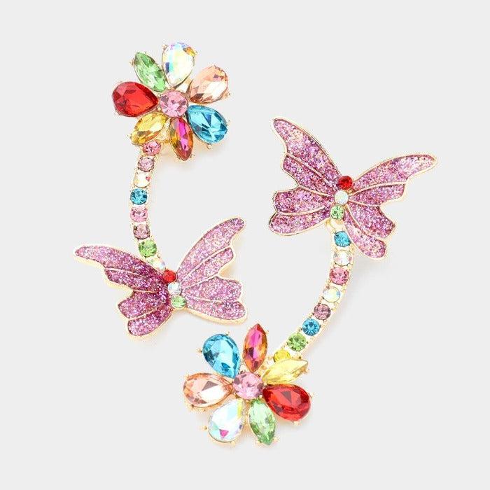 Butterfly Multi Color Flower Crystal Glitter Earrings