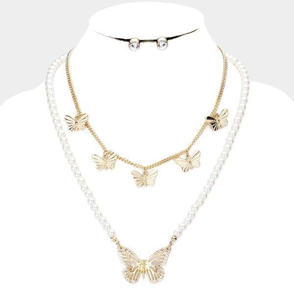 Butterfly Pearl Rhinestone 2 Piece Necklace Set