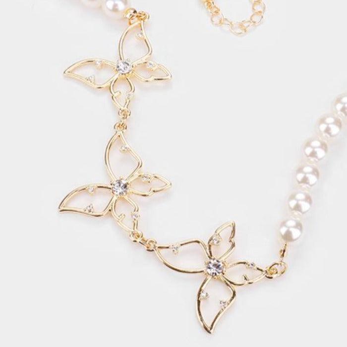 Butterfly Pearl Rhinestone Embellished Metal Necklace Set