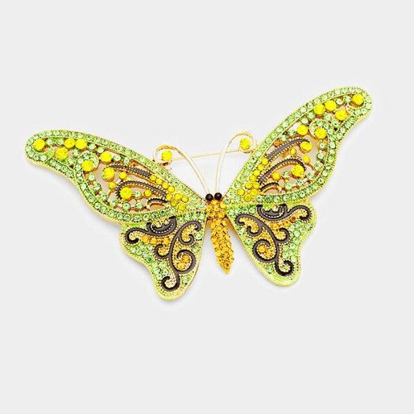 Butterfly Peridot Green & Yellow Crystal Large Brooch