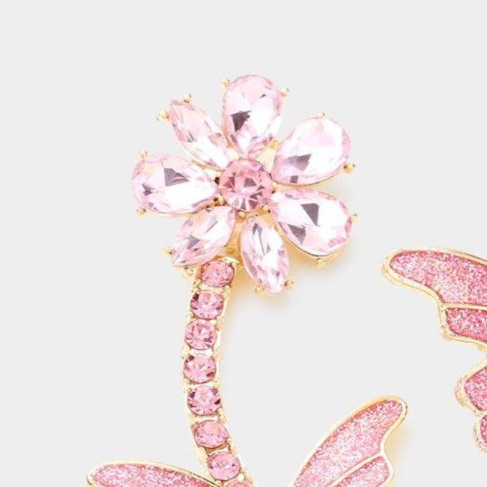 Butterfly Pink Flower Crystal Glitter Earrings