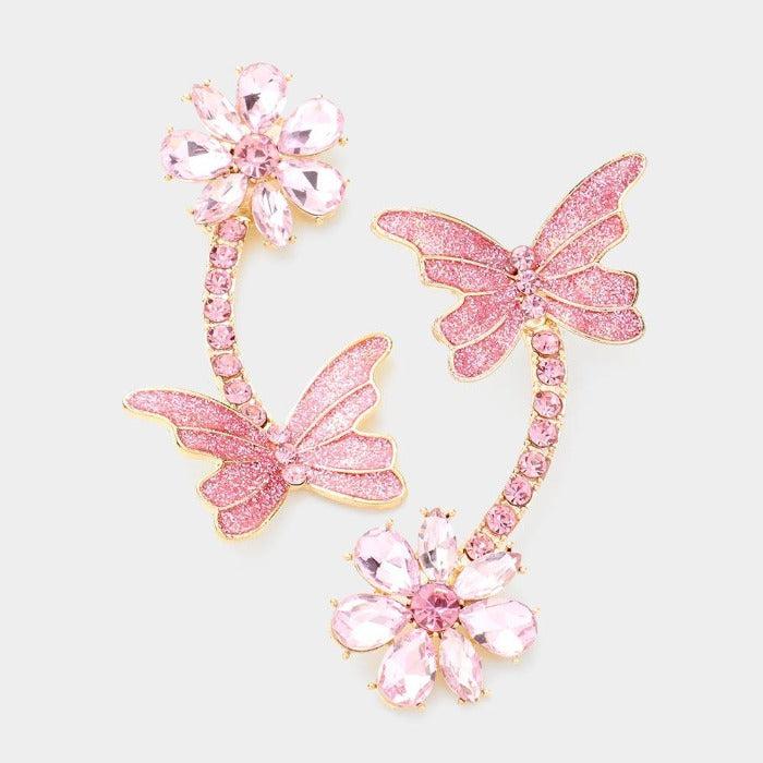 Butterfly Pink Flower Crystal Glitter Earrings