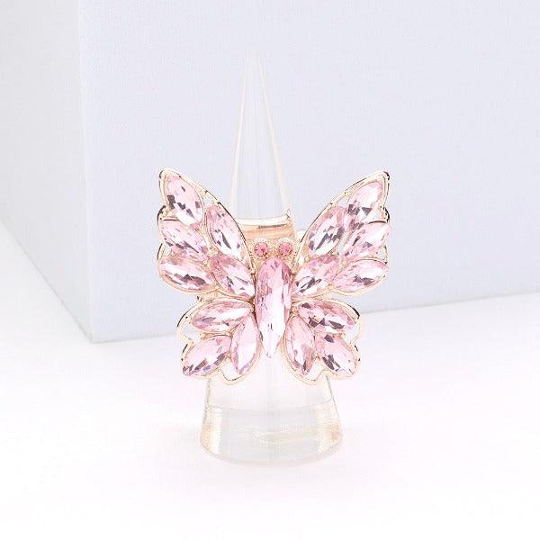 Butterfly Pink Marquise Rhinestone Gold Stretch Ring