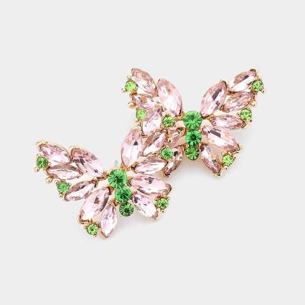 Butterfly Pink and Green Crystal Cluster Evening Earrings