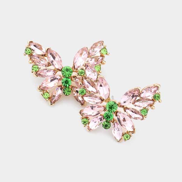 Butterfly Pink and Green Crystal Cluster Evening Earrings