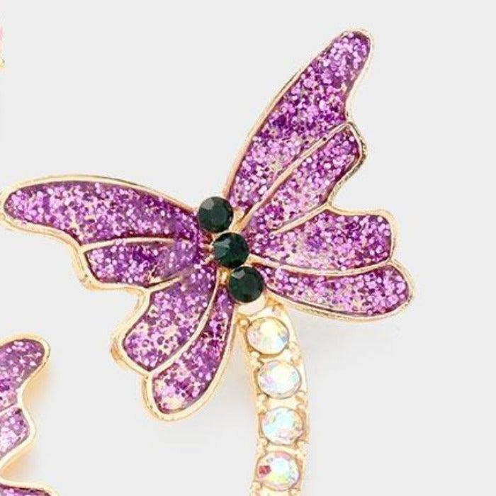 Butterfly Purple Flower Crystal Glitter Earrings