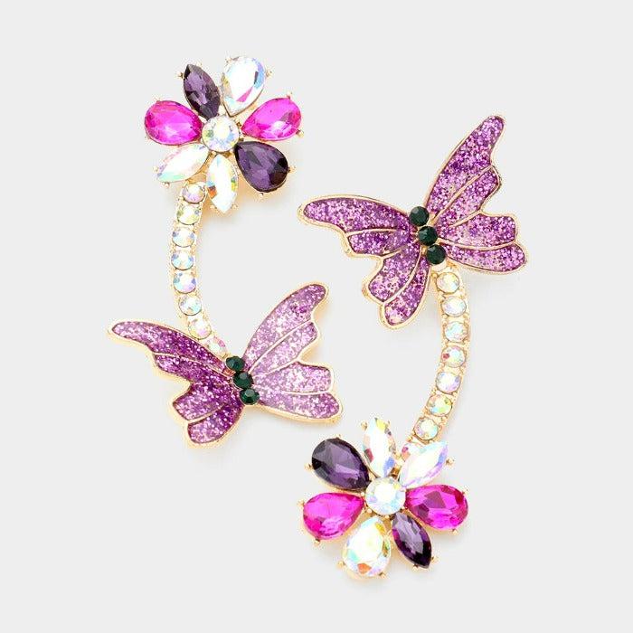 Butterfly Purple Flower Crystal Glitter Earrings