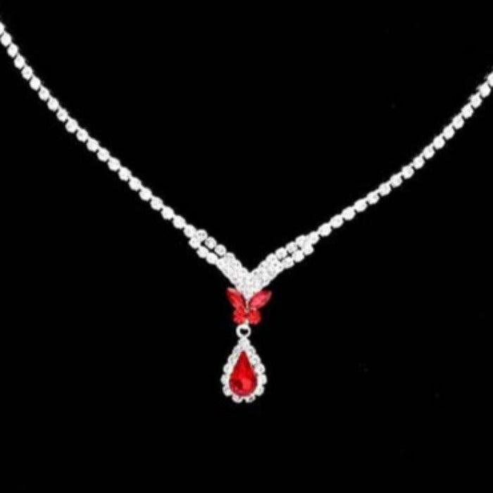 Butterfly Red Rhinestone Silver Necklace Set