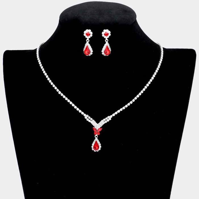 Butterfly Red Rhinestone Silver Necklace Set