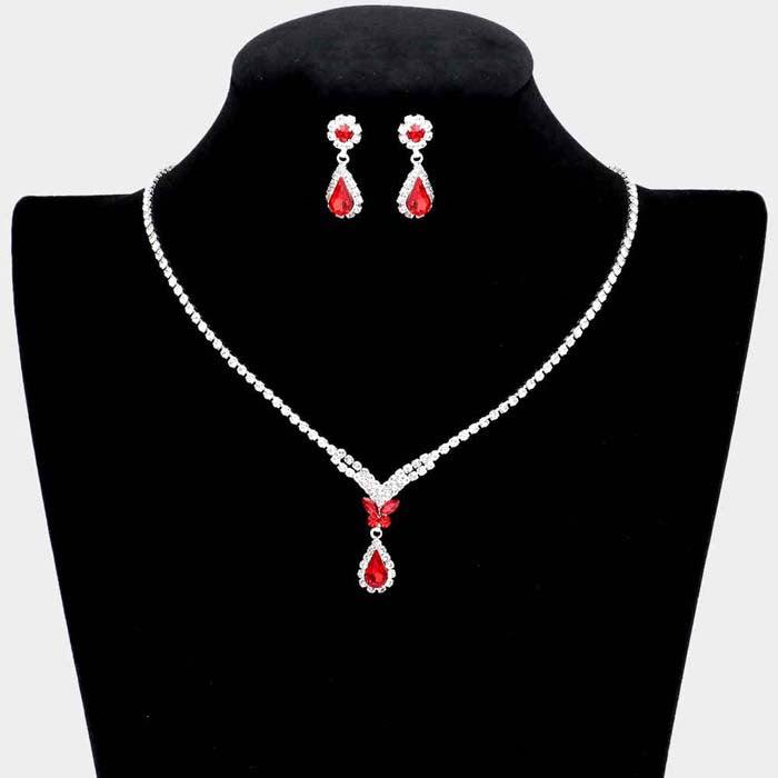 Butterfly Red Rhinestone Silver Necklace Set