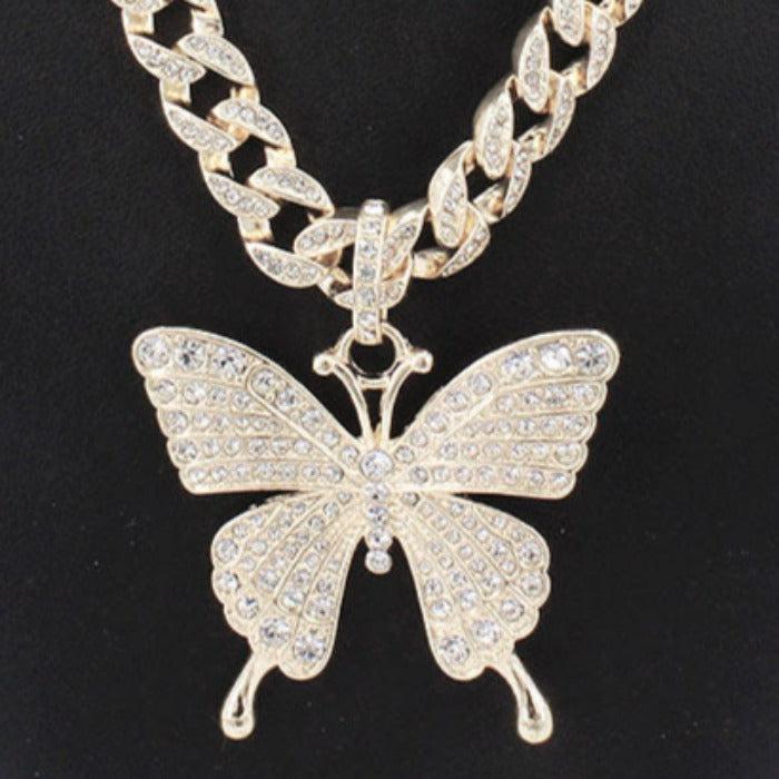 Butterfly Rhinestone Embellished Gold Pendant Necklace Set
