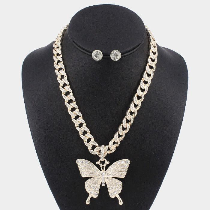 Butterfly Rhinestone Embellished Gold Pendant Necklace Set