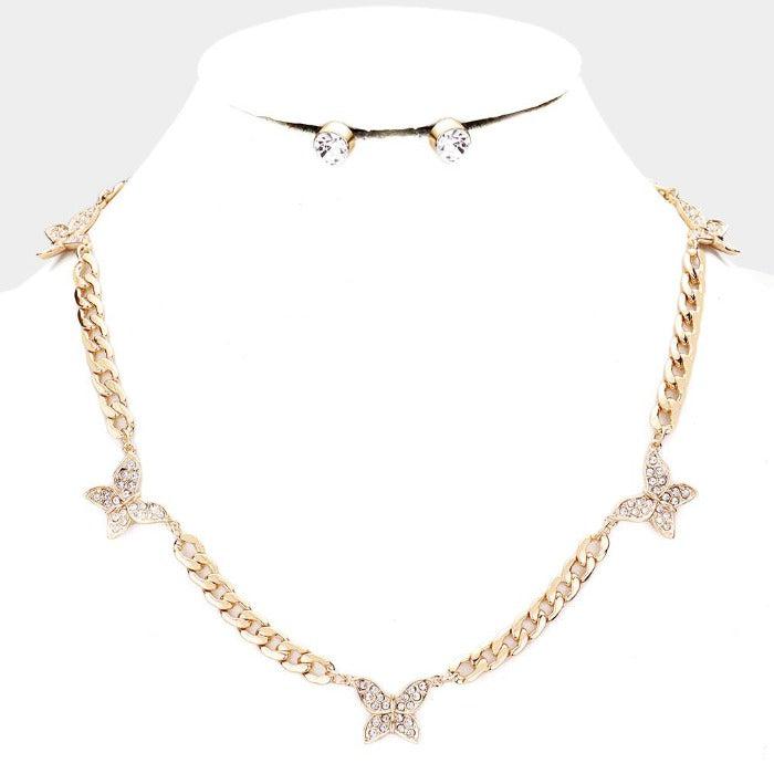 Butterfly Rhinestone Embellished Station Necklace Set