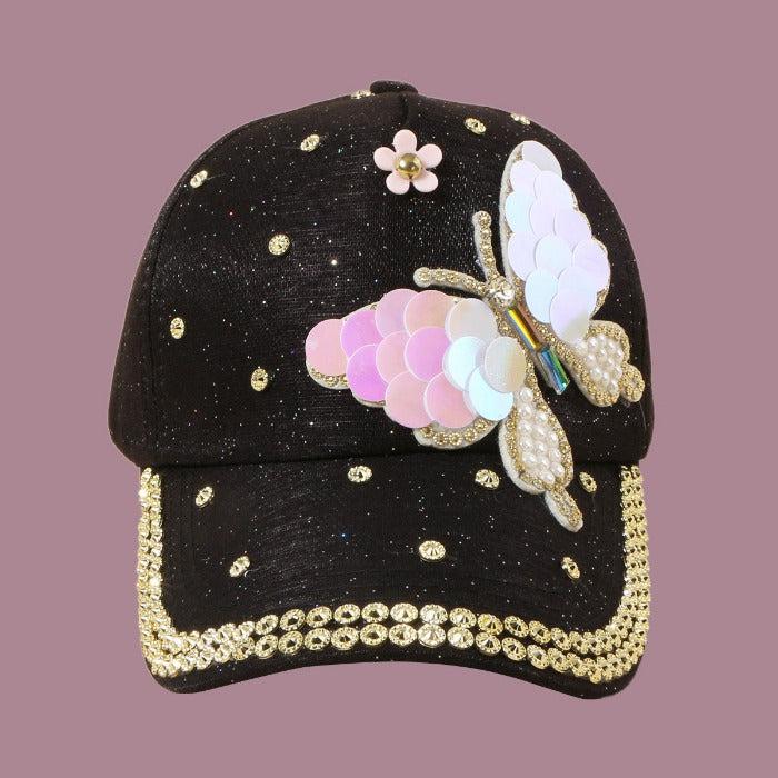 Butterfly Women's Hat Sequined Black Baseball Cap