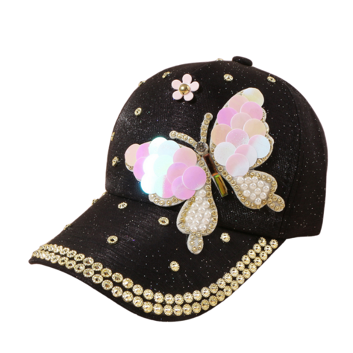 Butterfly Women's Hat Sequined Black Baseball Cap