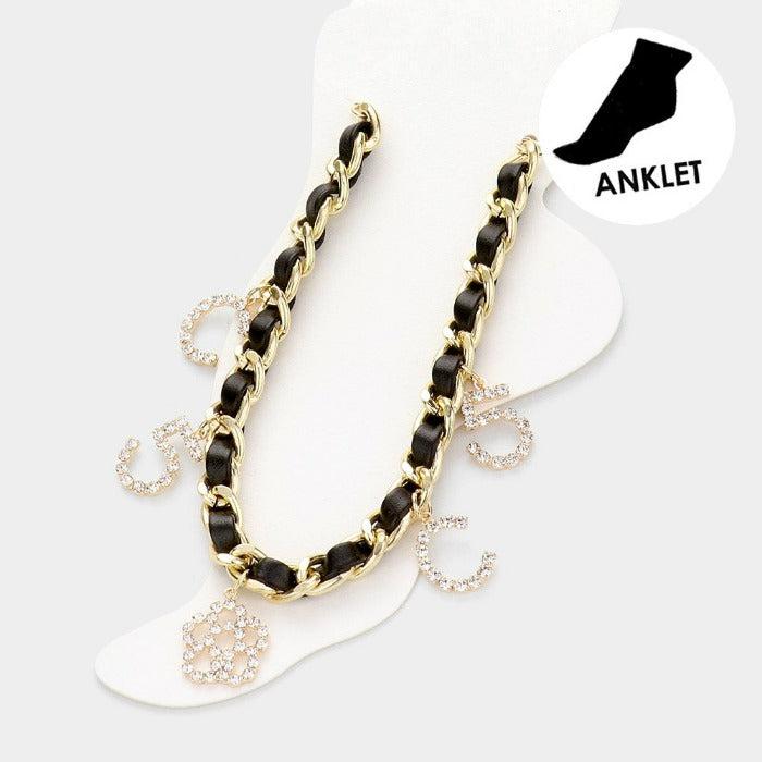 C No. 5 Flower Charm Station Faux Leather Metal Chain Anklet