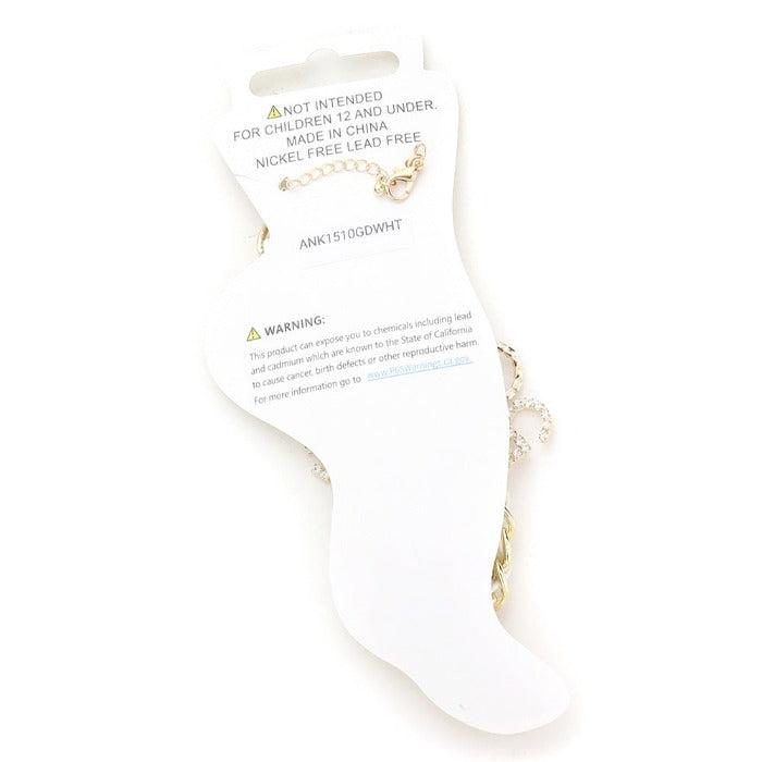 C No. 5 Flower Charm Station White Faux Leather Metal Chain Anklet