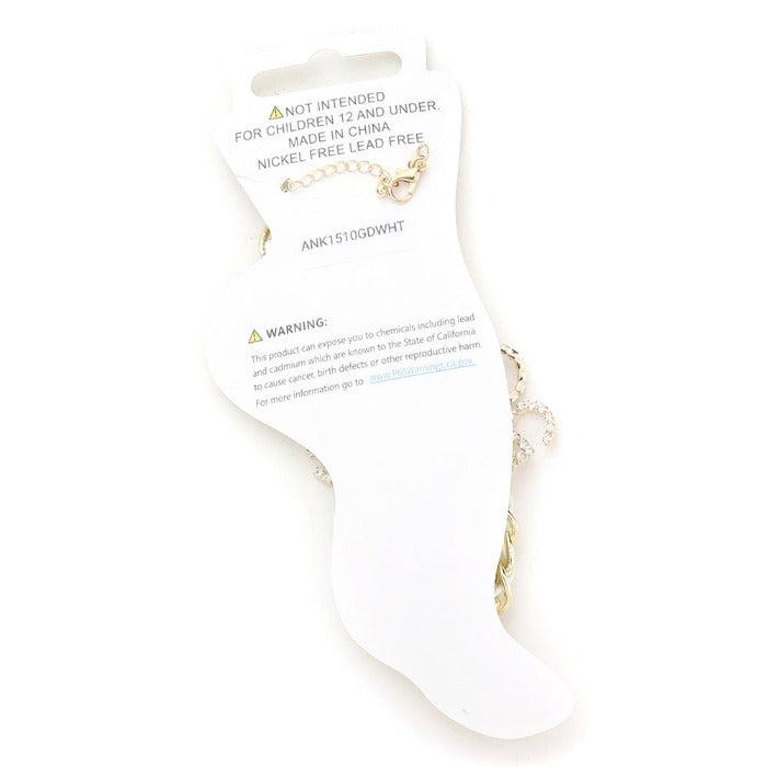C No. 5 Flower Charm Station White Faux Leather Metal Chain Anklet