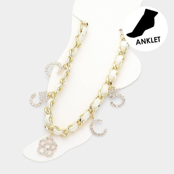 C No. 5 Flower Charm Station White Faux Leather Metal Chain Anklet